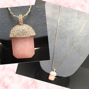 Rhinestone Pendant Long Necklace Pink Gold Cupcake Acorn Retro BoHo Barbie Soft